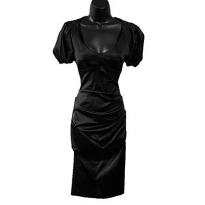 CACHE Black Satin Elegant Puff Sleeve Midi Dress Size 4 Women’s